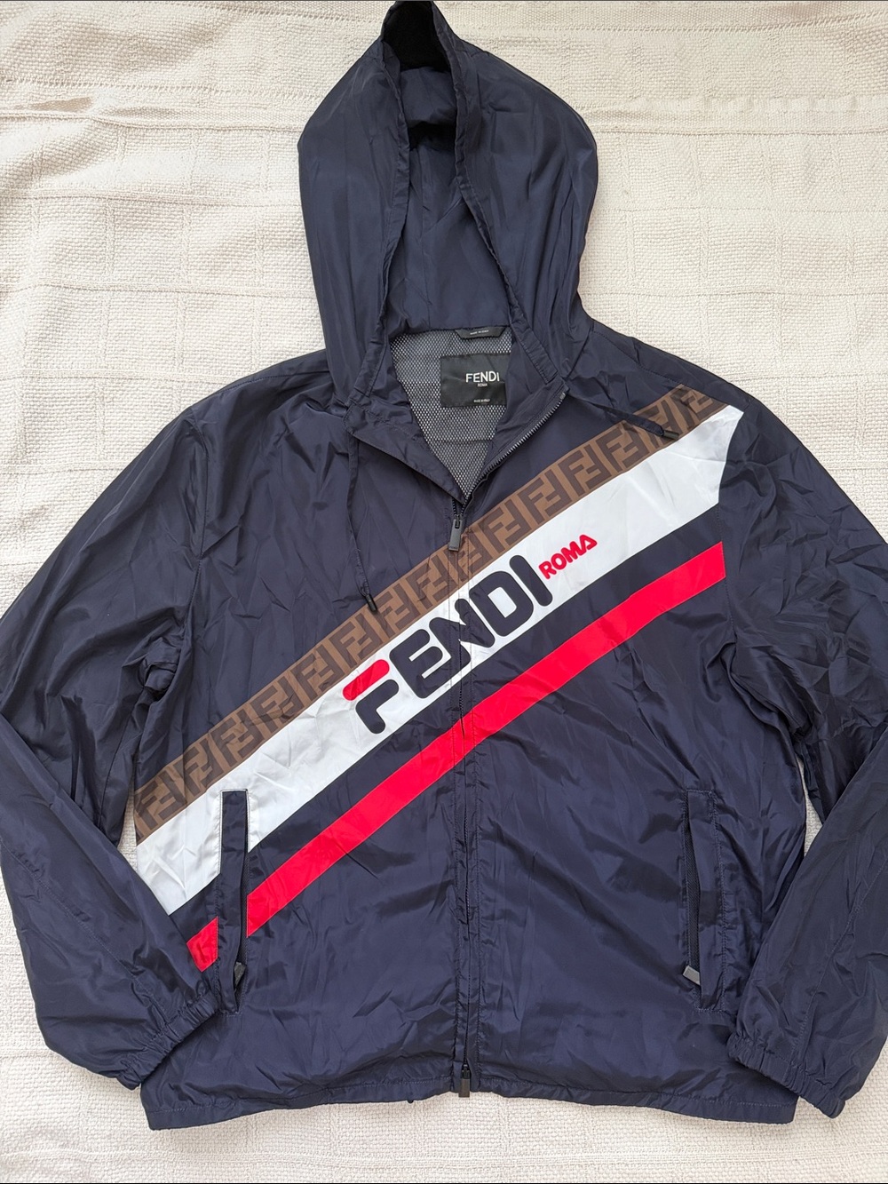 Great condition Fendi Navy Windbreaker with Red & White Diagonal Stripe